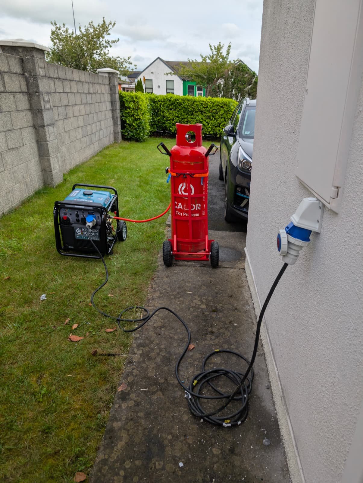 Portable generator connected to a house inlet socket, by Elececo Engineering