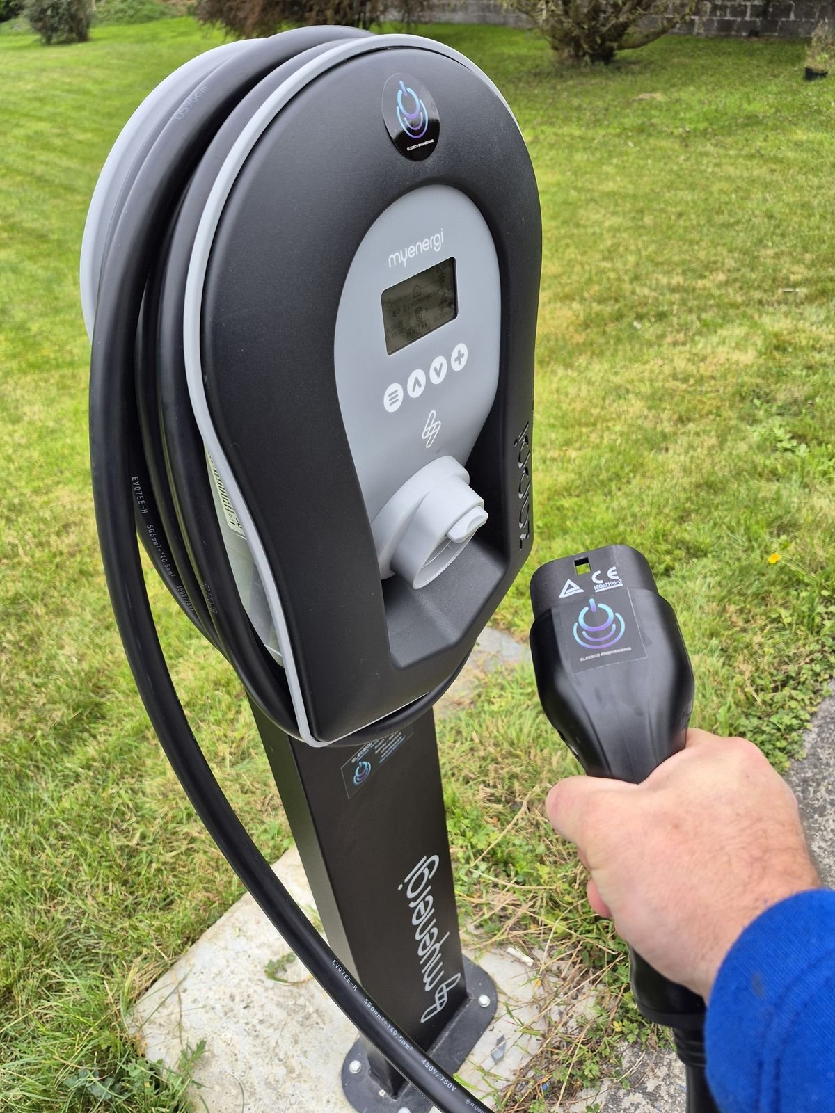 myenergi Zappi EV charger on a freestanding post, by Elececo Engineering